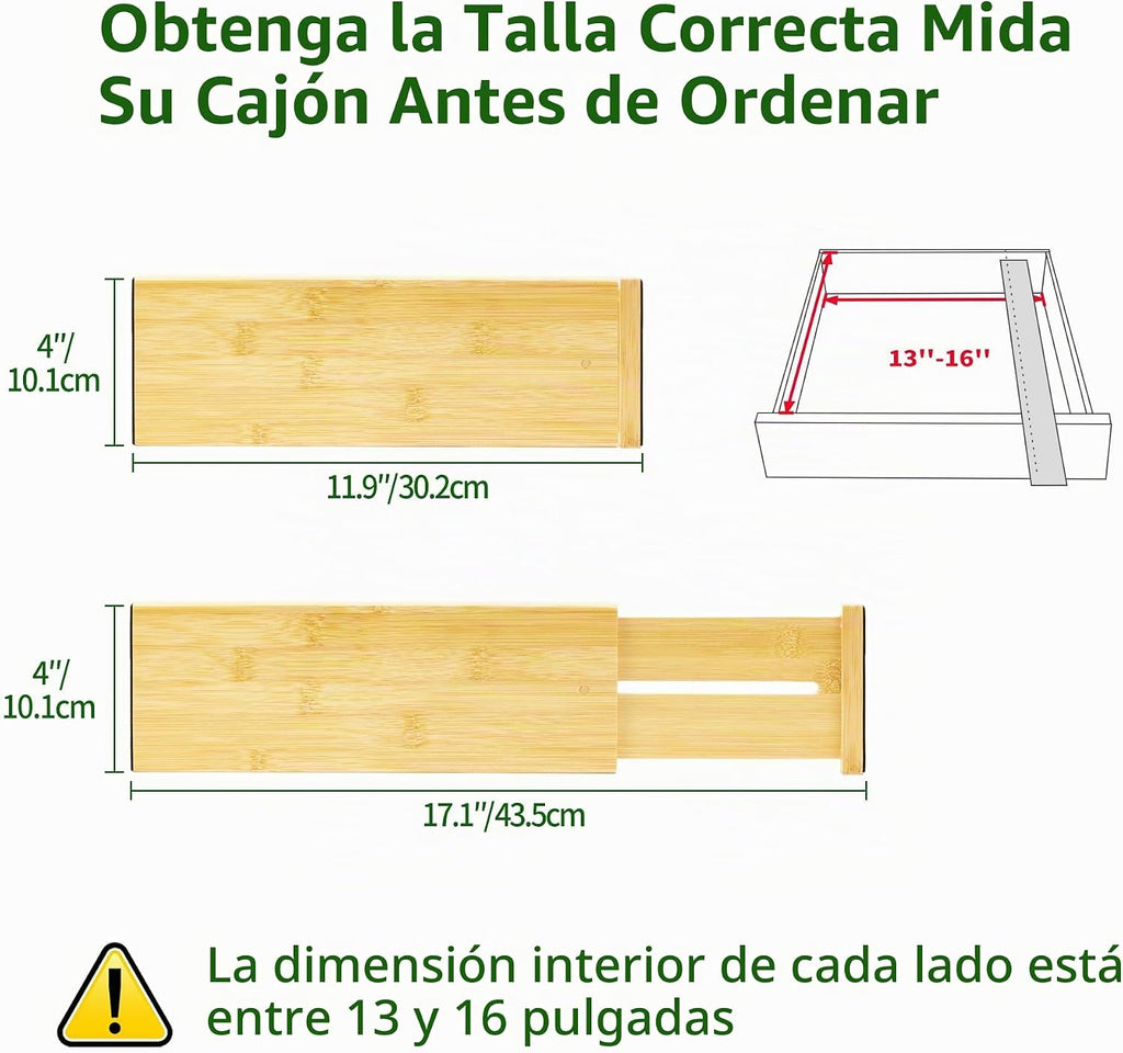 VaeFae Paquete de 6 separadores de cajones de bambú, 4 pulgadas de alto ajustables de 11.9-17.1 pulgadas, separadores expandibles para dormitorio, baño, cocina, oficina