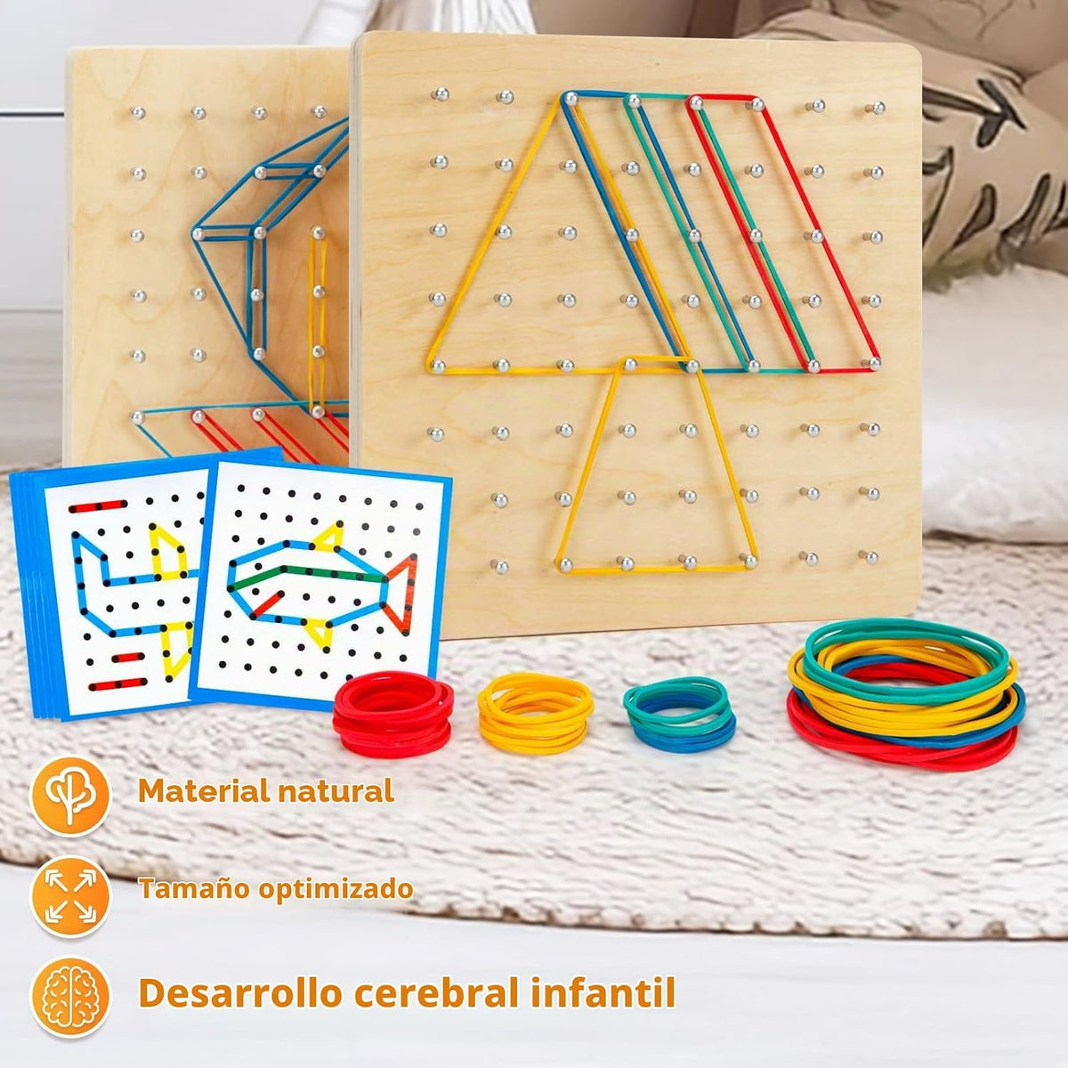 2Pack Tablero Geométrico de Madera, Juguete Montessori, Juguete Educativo Matemático Gráfico para Niños con Tarjetas de Patrones y Bandas de Goma para Figuras y Formas, Rompecabezas STEM Tablero Geo.