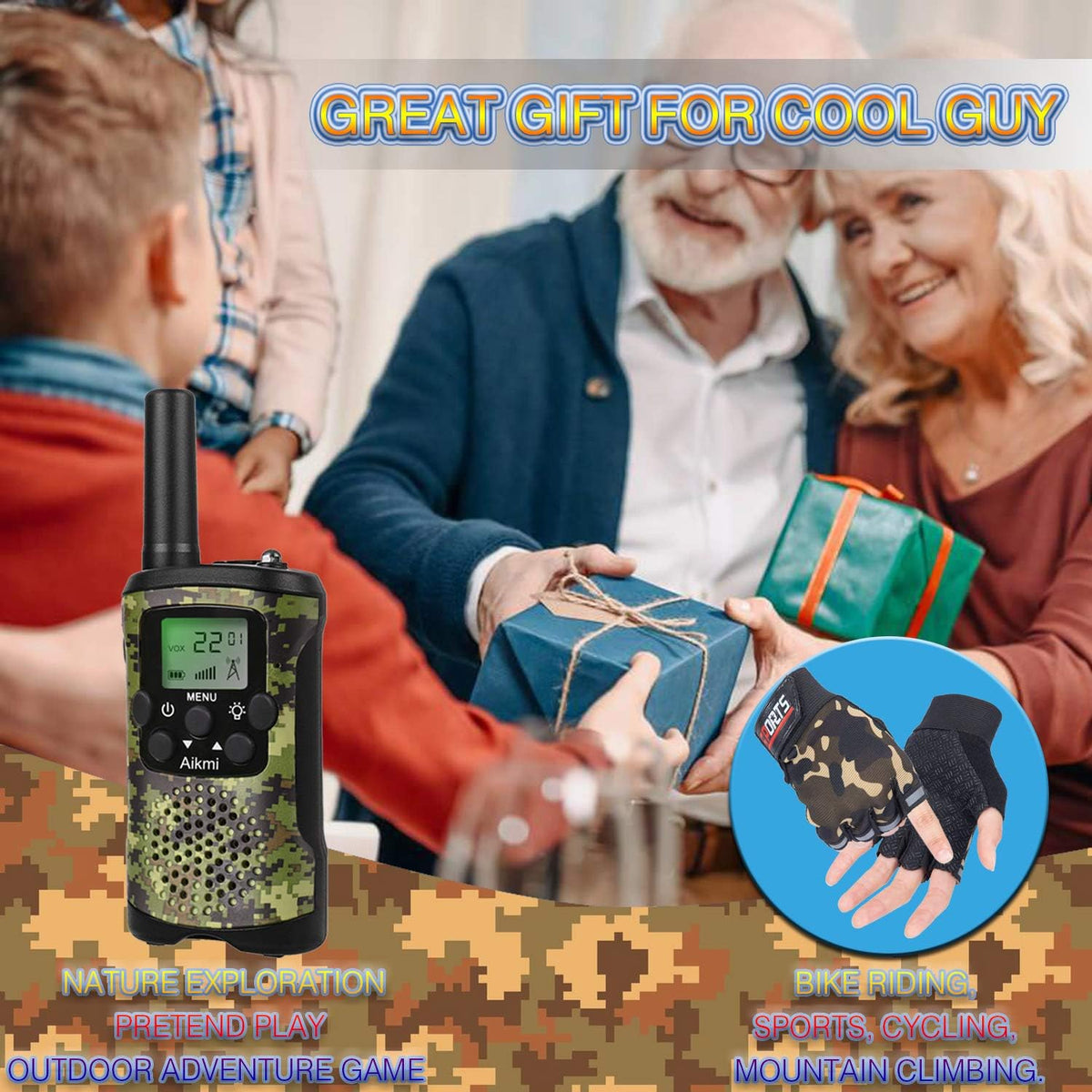 Aikmi Walkie Talkies para niños con guantes de ciclismo, juguete de regalo