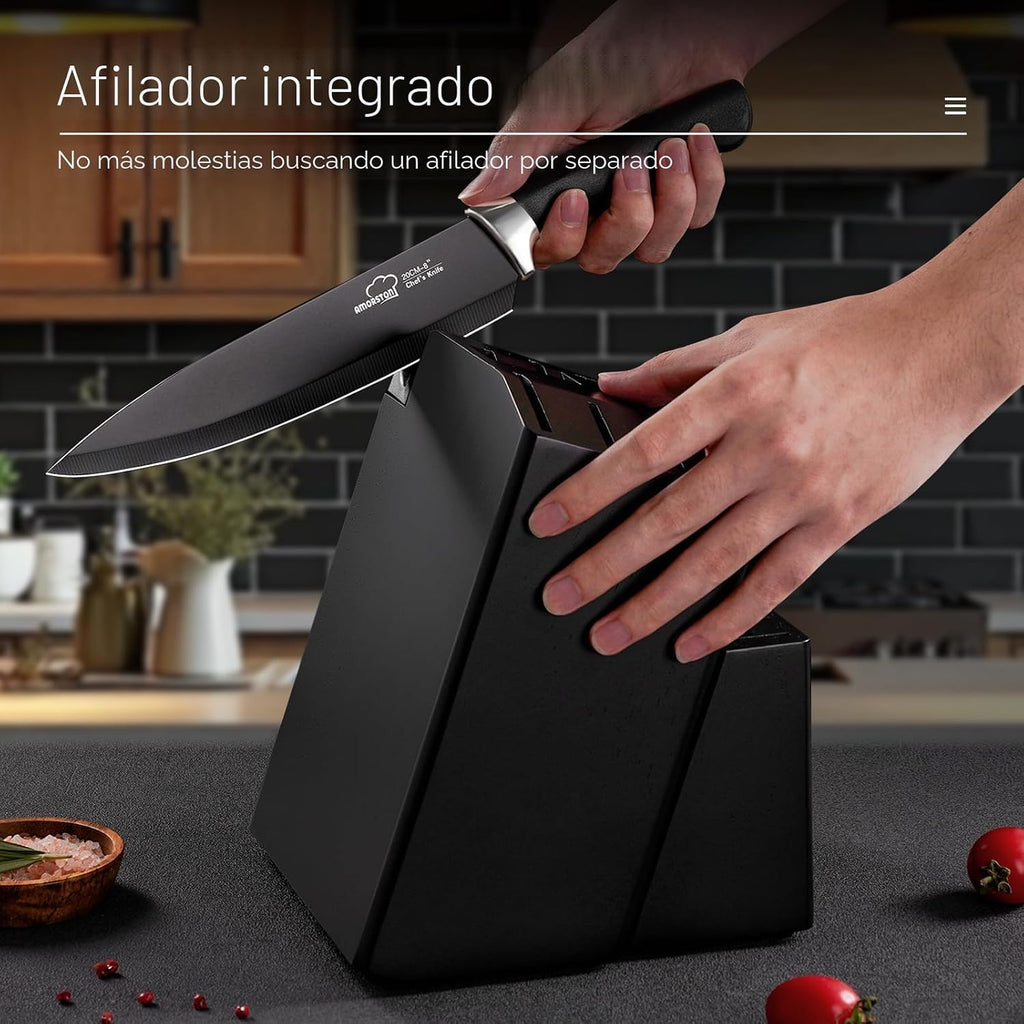 Juego de cuchillos de cocina de 21 piezas con bloque y afilador, juego de cuchillos ultra afilados con asas ergonómicas, juego de bloques de cuchillos de acero inoxidable alemán negro, apto para lavavajillas