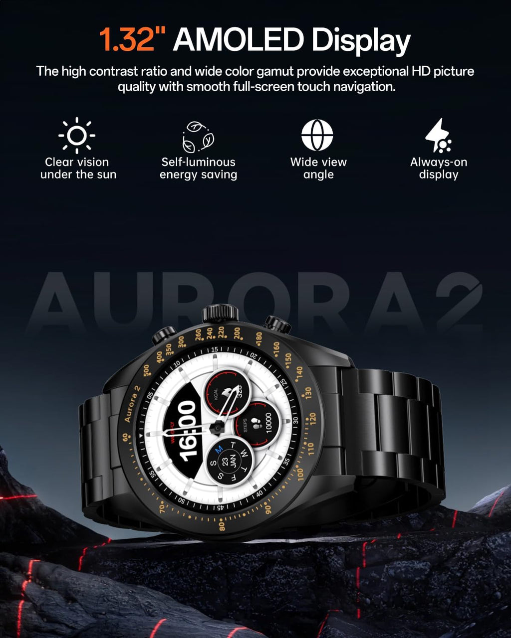 Aurora 2 - Reloj inteligente para hombre, pantalla AMOLED HD de 1.32 pulgadas, reloj inteligente para hombre, respuesta/llamada, reloj inteligente de 350 mAh, monitor de sueño, oxígeno en