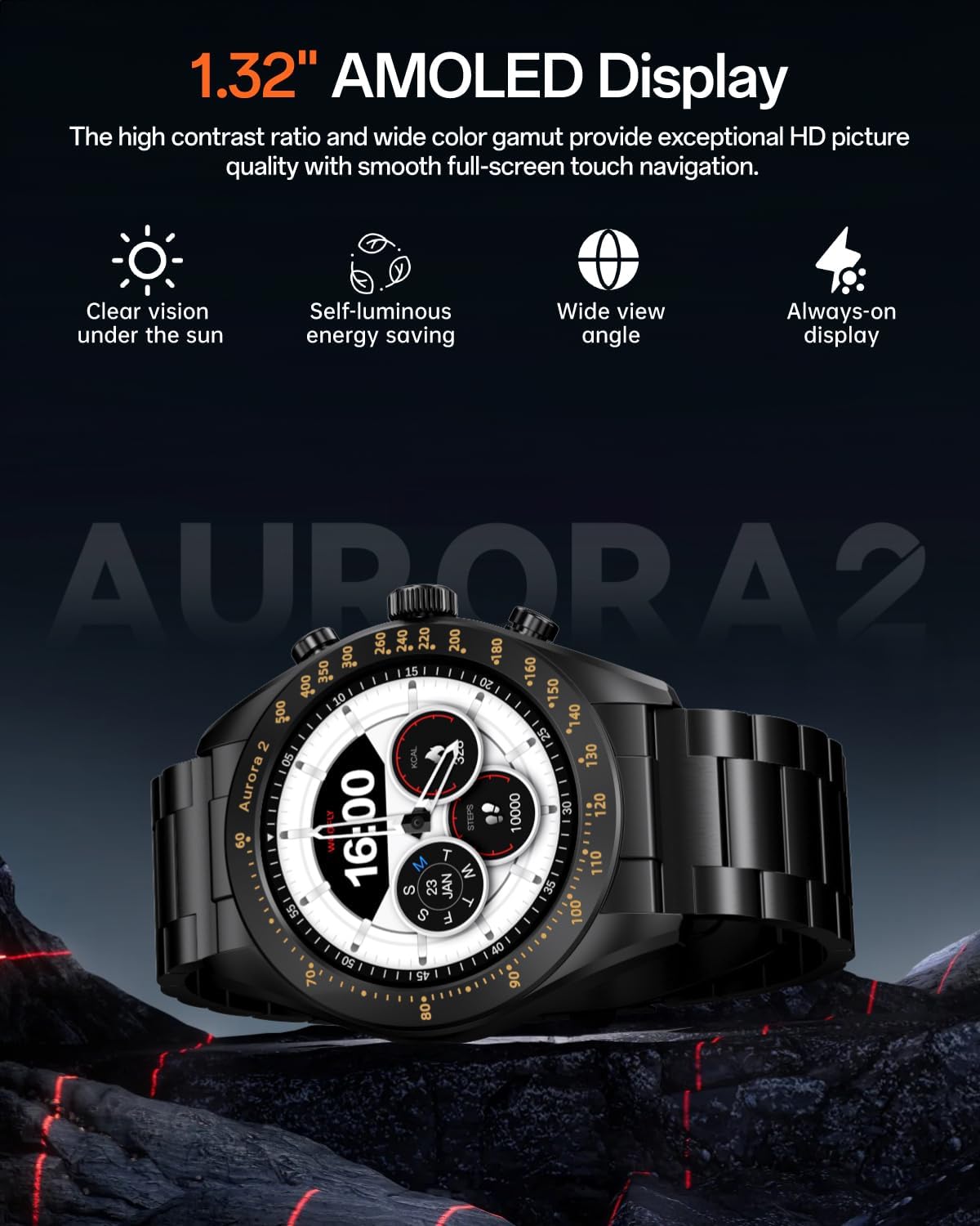 Aurora 2 - Reloj inteligente para hombre, pantalla AMOLED HD de 1.32 pulgadas, reloj inteligente para hombre, respuesta/llamada, reloj inteligente de 350 mAh, monitor de sueño, oxígeno en