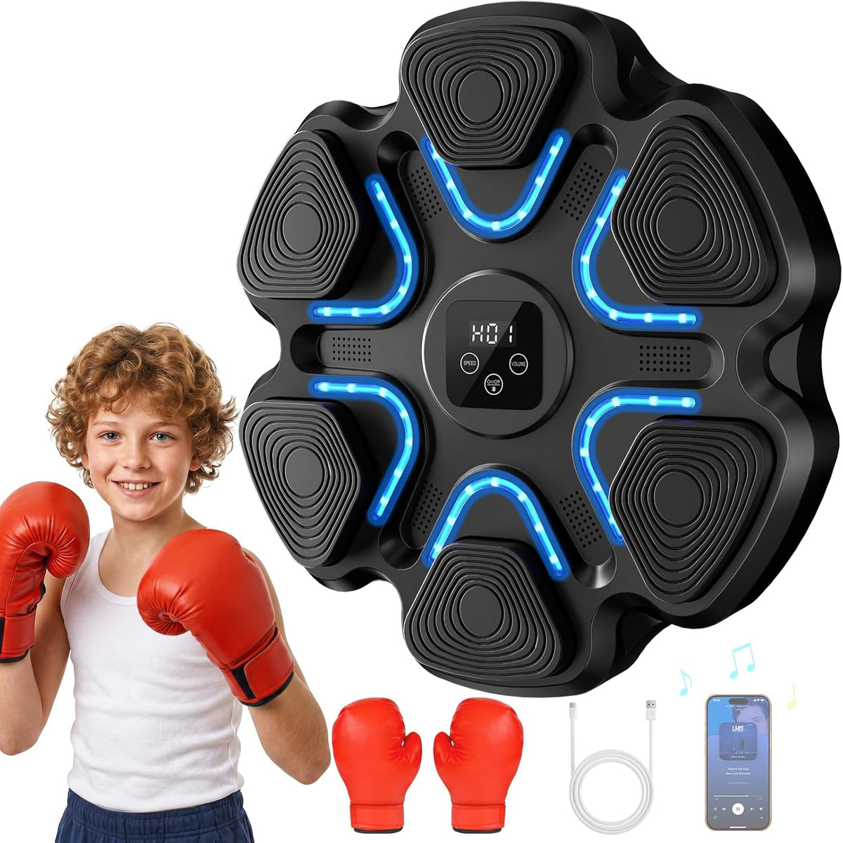 Máquina de Boxeo Musical para Niños, Entrenador de Golpes Montado en Pared con Bluetooth y Guantes de Boxeo, Juguete de Boxeo para Niños y Niñas de 3 4 5 6 7 8 9 10 11 12+ Años