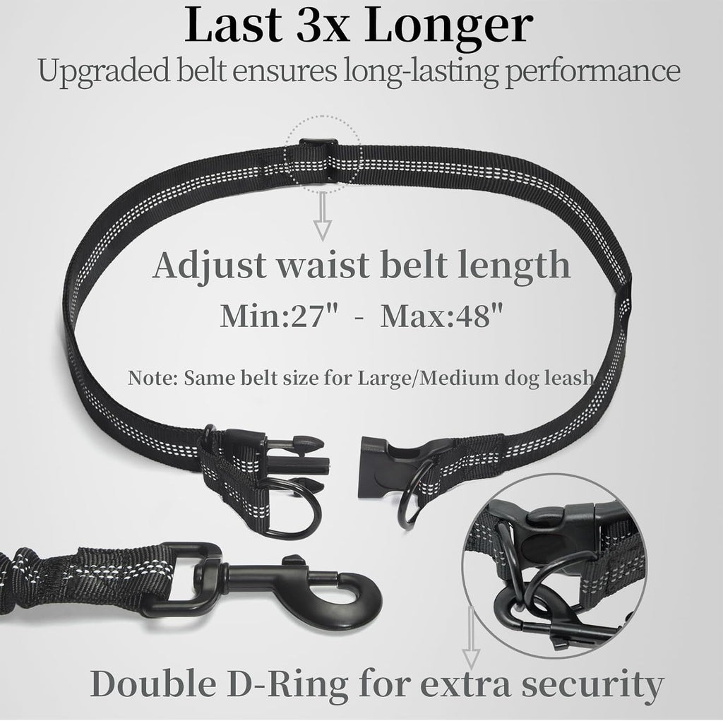 Correa para perro manos libres con bolsa de cremallera, asas acolchadas dobles y elástico duradero para caminar, trotar y correr a tu perro (grande, 25-120 libras, negro)