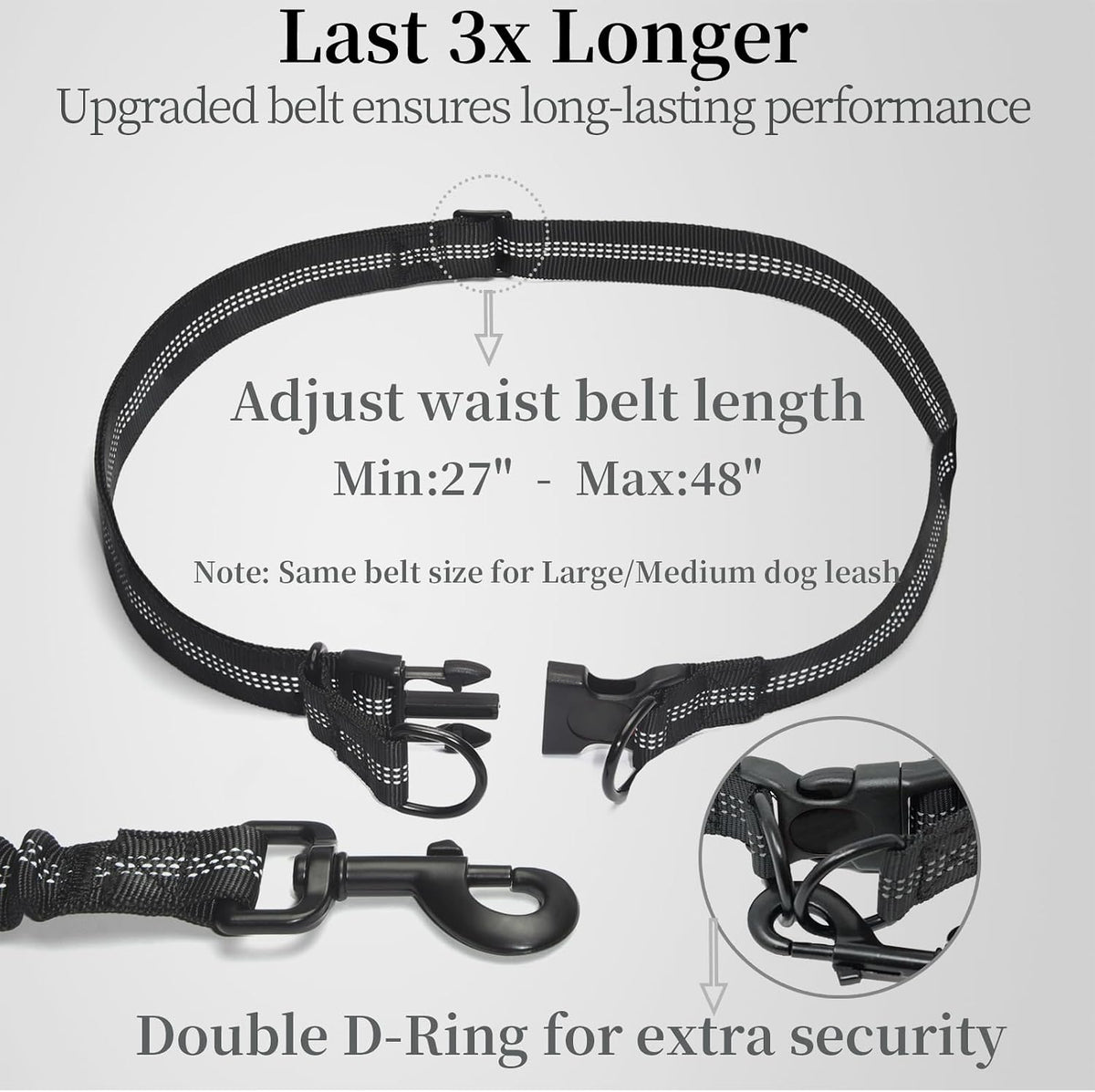 Correa para perro manos libres con bolsa de cremallera, asas acolchadas dobles y elástico duradero para caminar, trotar y correr a tu perro (grande, 25-120 libras, negro)