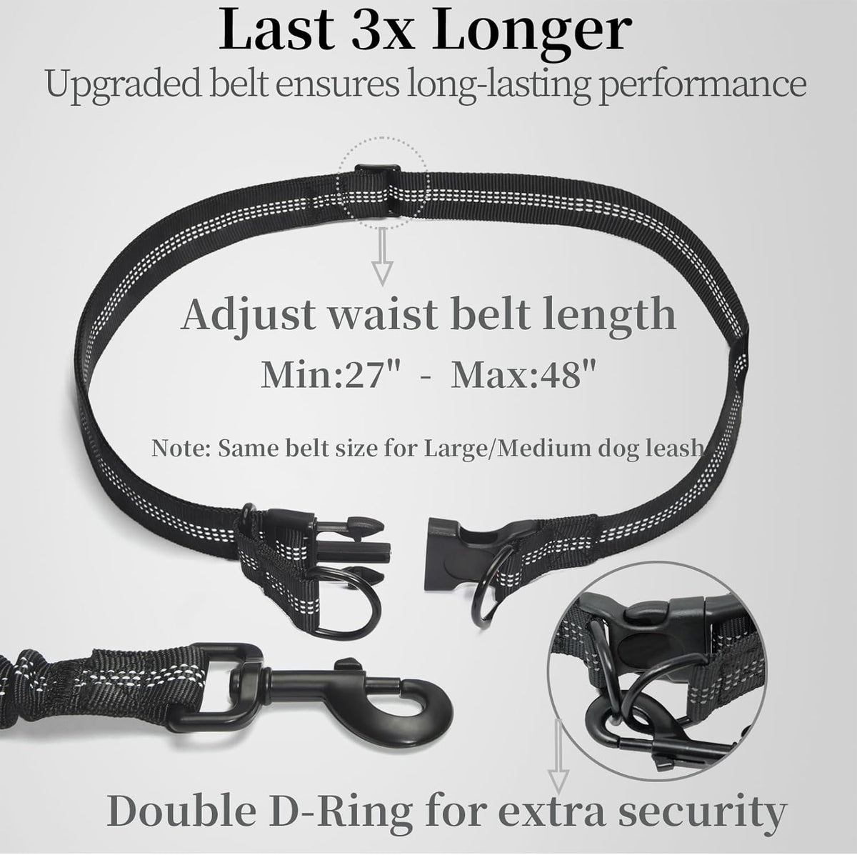 Correa para perro manos libres con bolsa con cremallera, doble asa acolchada y bungee duradero para caminar, trotar y correr con tu perro (Mediano, 3.6-11.3 kg, Negro)