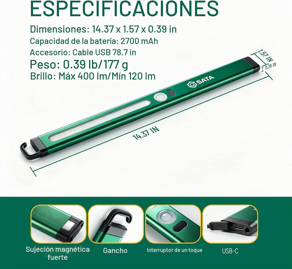 SATA Luz de inspección LED ultradelgada estilo regla con parte trasera magnética, 400LM, 2700mAh, luz de trabajo SMD recargable para debajo del capó, reparación automática, garaje, taller