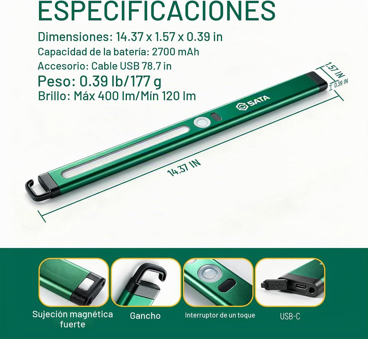 SATA Luz de inspección LED ultradelgada estilo regla con parte trasera magnética, 400LM, 2700mAh, luz de trabajo SMD recargable para debajo del capó, reparación automática, garaje, taller