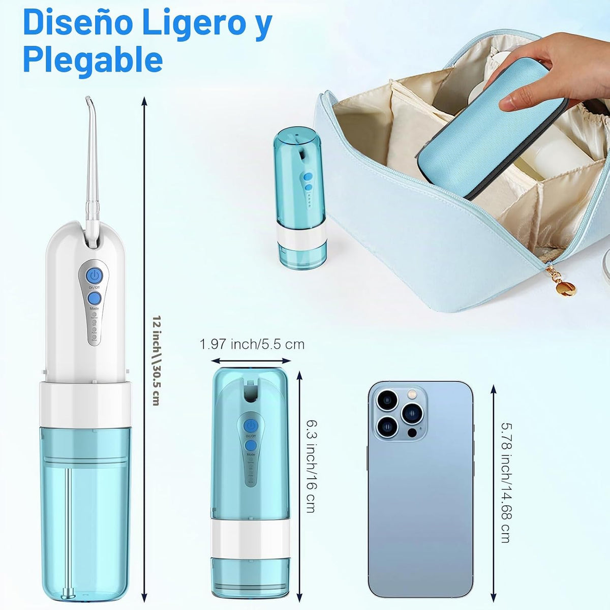 Irrigador dental de agua para limpieza de dientes y hilo dental con funda de tamaño de viaje, irrigador oral recargable, irrigador dental portátil KOOVON para adultos, IPX7 impermeable