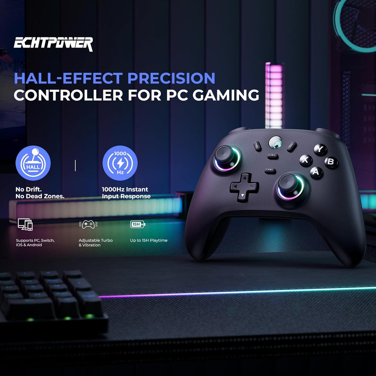 ECHTPower Wireless PC Gaming Controller - Hall Effect Joystick, 2.4...