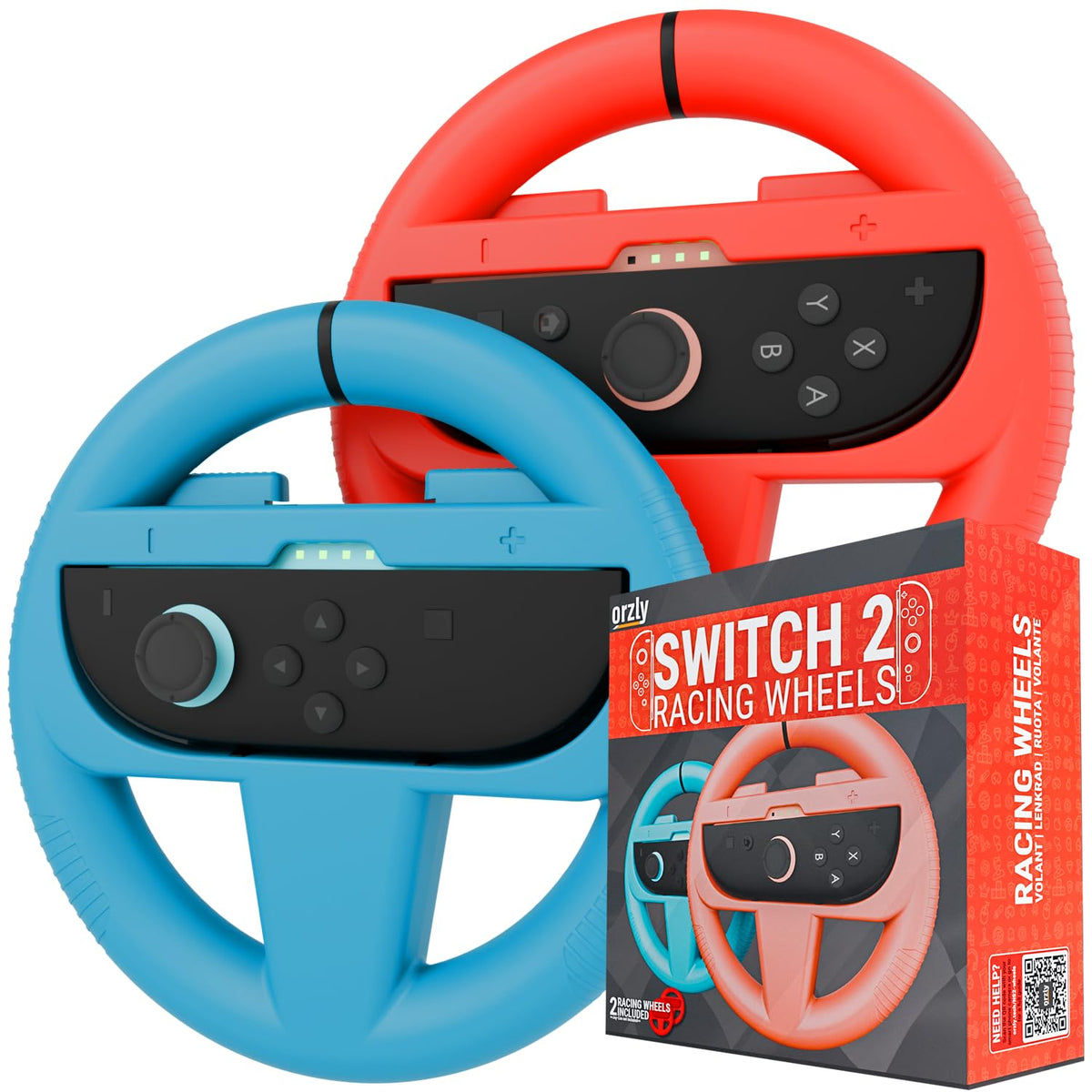 Orzly Volantes Compatibles con Nintendo Switch 2 (Consola 2025) Paquete Doble de Volantes para Coches y Juegos de Mario Kart con Joy-Con Controllers (1 Rojo 1 Azul) en Caja de Regalo