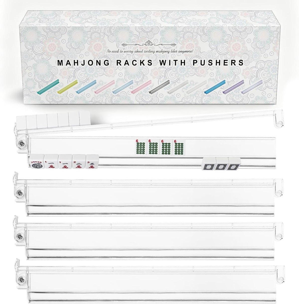 Racks transparentes premium para Mahjong con empujadores, paquete de 4 racks antideslizantes de acrílico