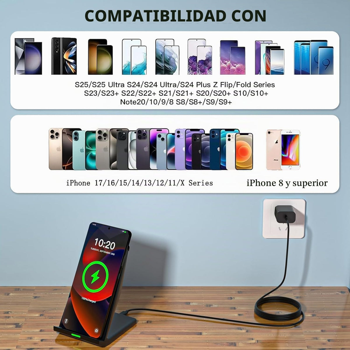 Cargador inalámbrico rápido, soporte de carga inalámbrico de escritorio con adaptador USB PD de 20 W para Samsung Galaxy S25/S24/S23/S22/S21/Note 20, Pixel 8/7 Pro, para iPhone 17 Pro Max/17 Pro/17/16