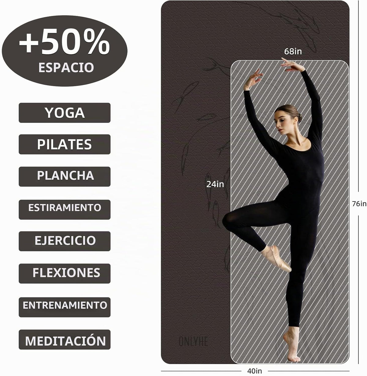 Esterilla de yoga extra ancha 76"x40"x10mm TPE antideslizante