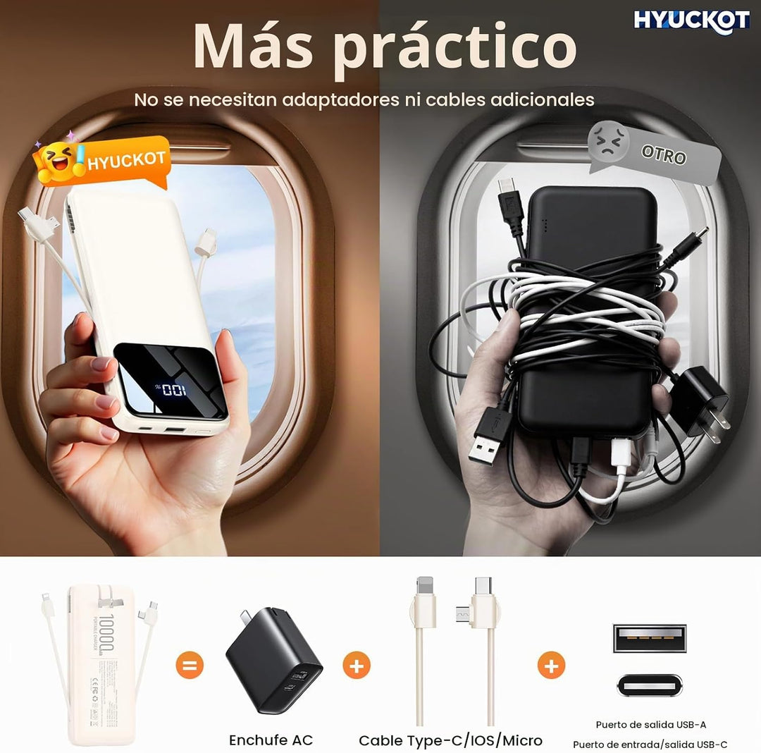 Cargador portátil con cables integrados y enchufe de pared, batería...