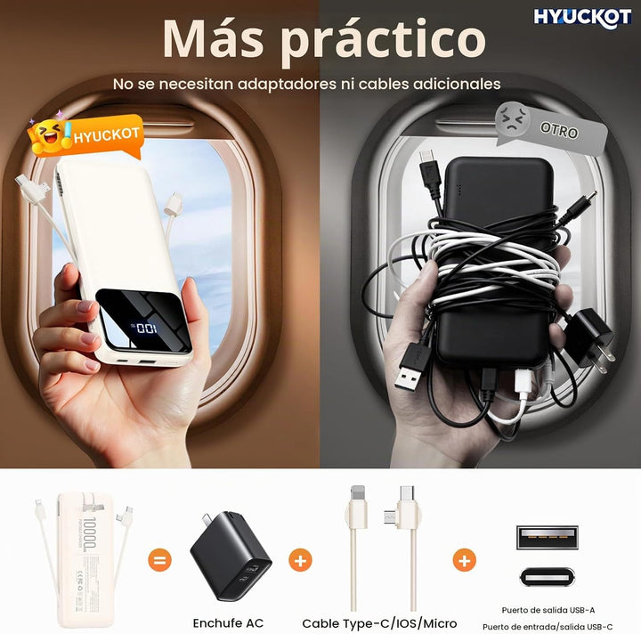 Cargador portátil con cables integrados y enchufe de pared, batería...
