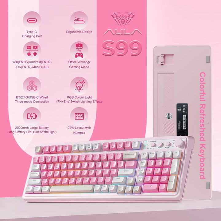 AULA Teclado de 99 teclas, teclado inalámbrico para juegos, teclado...