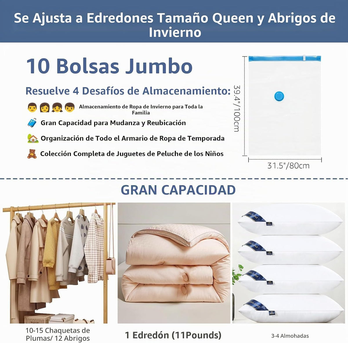 BoxLegend 10 bolsas de almacenamiento al vacío jumbo con bomba eléctrica USB de 1500 mAh de 31.5 x 39.37 pulgadas, bolsas gruesas de sellado al vacío para chaquetas de plumón grandes, edredones, ropa de cama y almohadas, ahorro de espacio para
