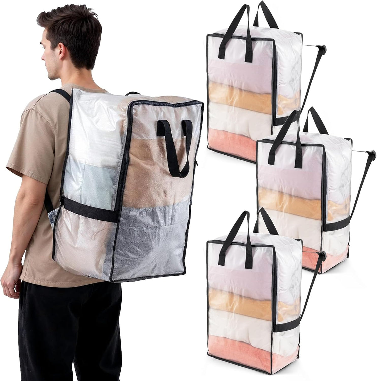 TAILI Paquete de 4 bolsas de mudanza transparentes con correas de mochila ajustables, suministros de mudanza, alternativa de cajas de mudanza, contenedores de almacenamiento resistentes para embalaje