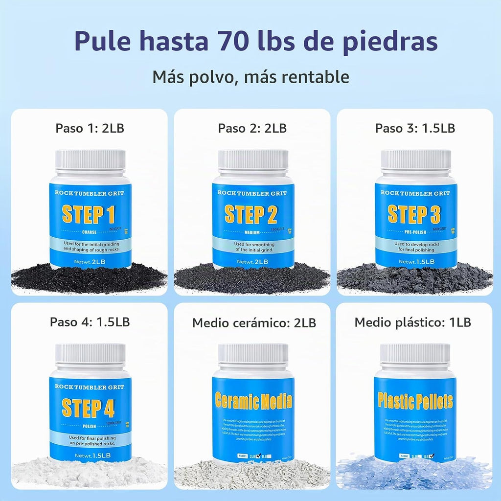 Kit de recambio de grano y pulido de grano grande de 10 libras, pulido de granos de 4 escalones, rocas de hasta 70 libras, medios de rotación doble (pellets de cerámica y plástico), ideal para