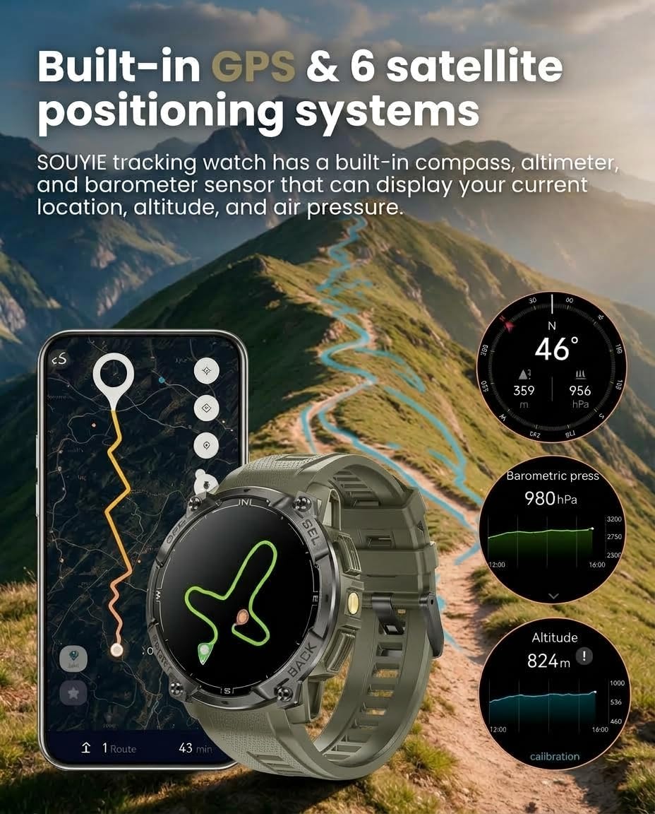 Reloj inteligente militar para hombre, GPS integrado, llamada Bluetooth