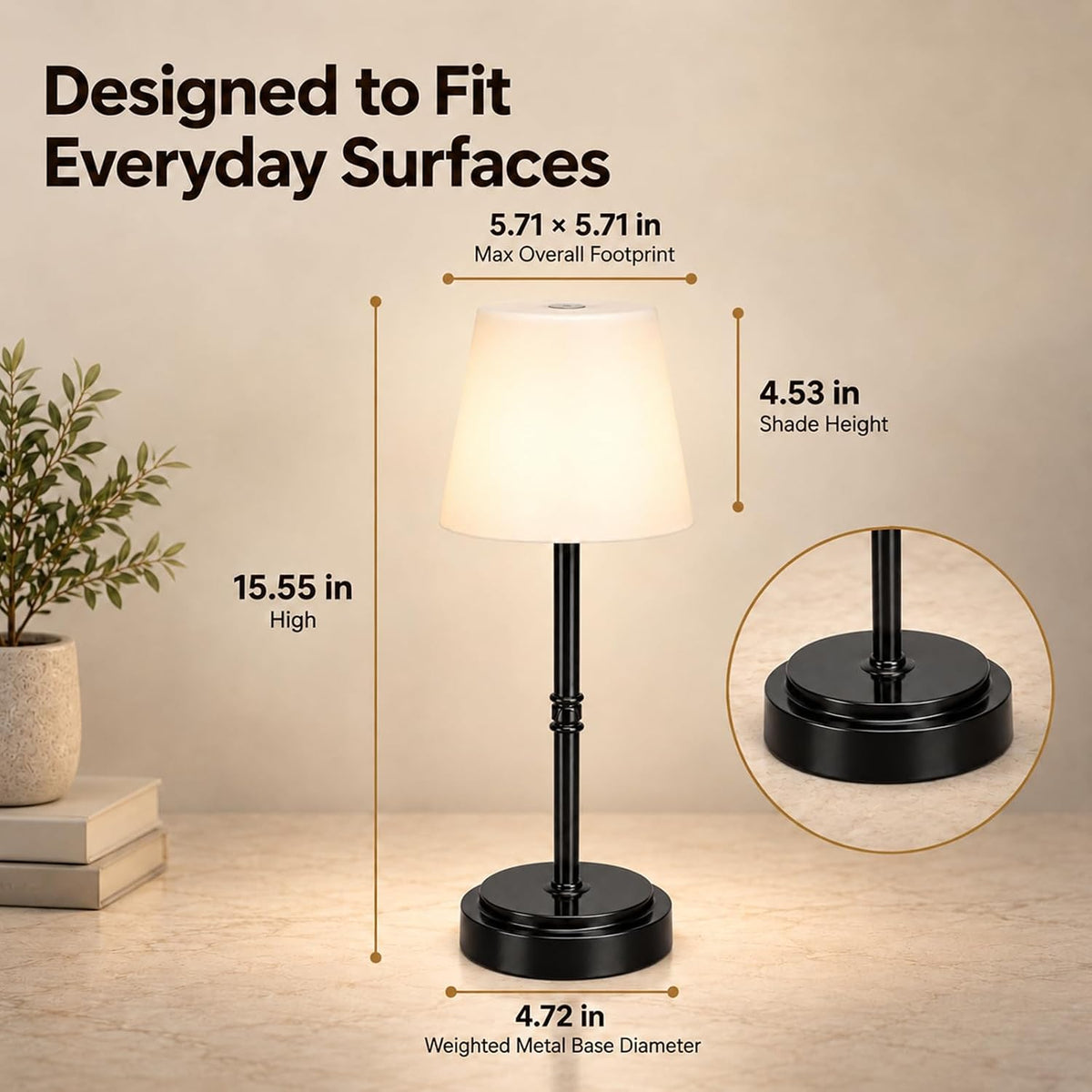 Lámpara Lámpara de mesa LED inalámbrica recargable, lámpara de ducha IP65, negro