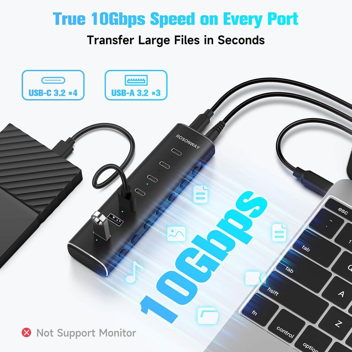 Rosonway, RSH-H7C4, hub USB 3.2 de 7 puertos, alimentado, adaptador 12V/3A