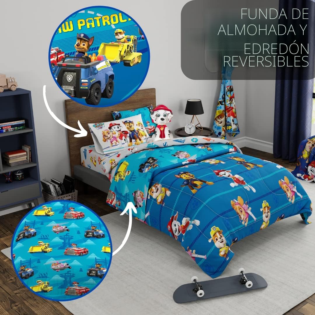 Paw Patrol Ropa de Cama para Niños Edredón y Juego de Sábanas Súper Suave con Funda, 5 Piezas Tamaño Twin, (100% Producto Oficialmente Licenciado de Nickelodeon) Por Franco