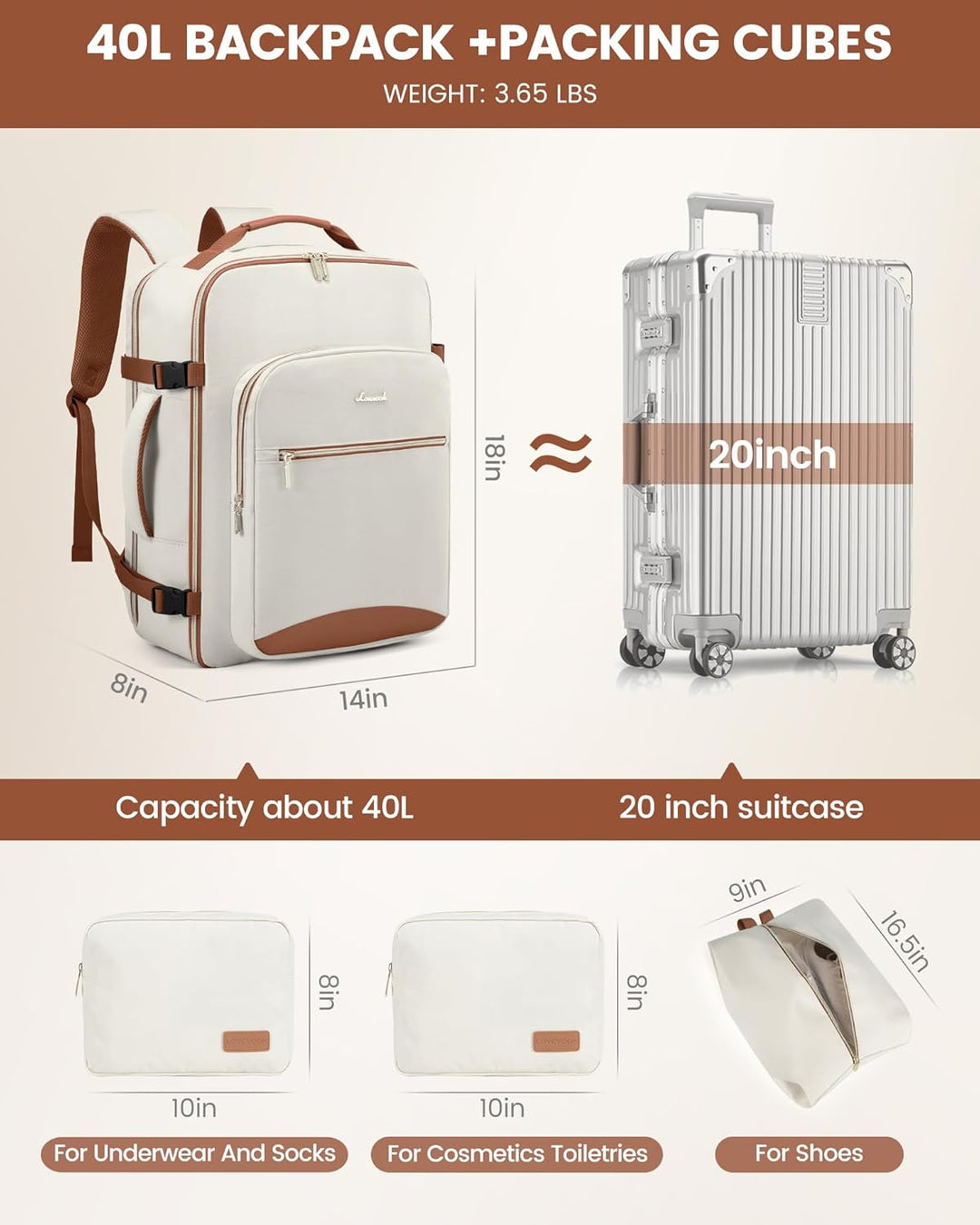 LOVEVOOK Mochila de viaje para mujeres y hombres, 40L, aprobada por...