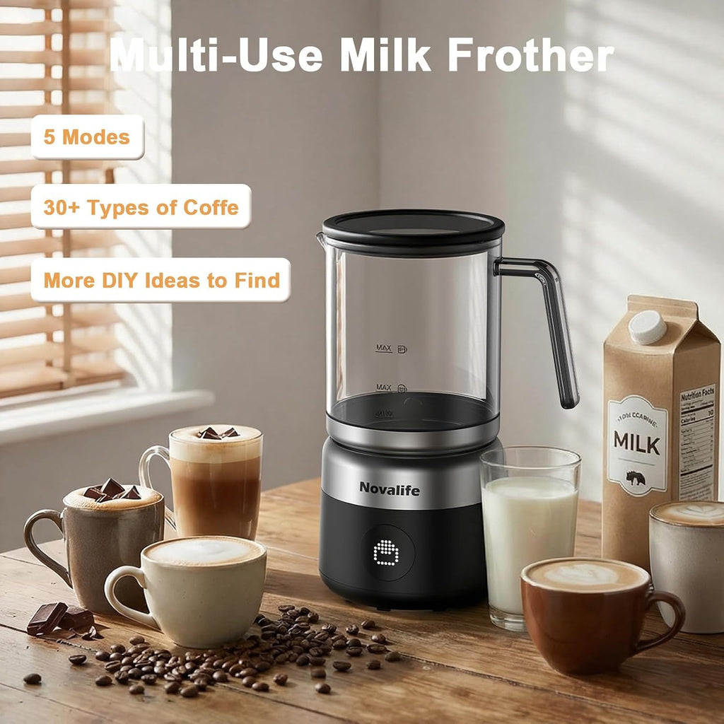 Espumador de leche eléctrico 5 en 1, espumador de leche extraíble y vaporizador de un solo toque para espuma de leche caliente y fría, latte/capuchino/chocolate caliente, espumador de leche de 600 W