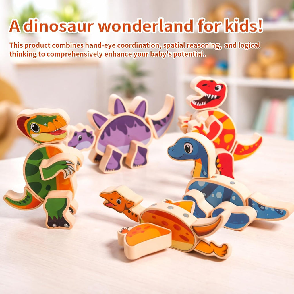 Magnetic Wooden Dinosaur Building Blocks, Ages 3-6