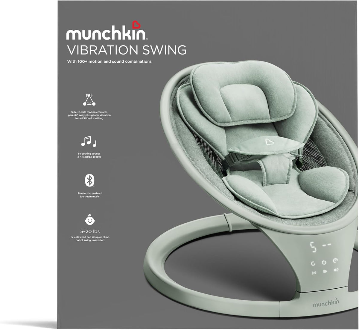 Munchkin Columpio eléctrico para bebé con vibración, columpio portátil para recién nacido y bebé, asiento inteligente habilitado para Bluetooth con música, movimiento y sonidos, salvia