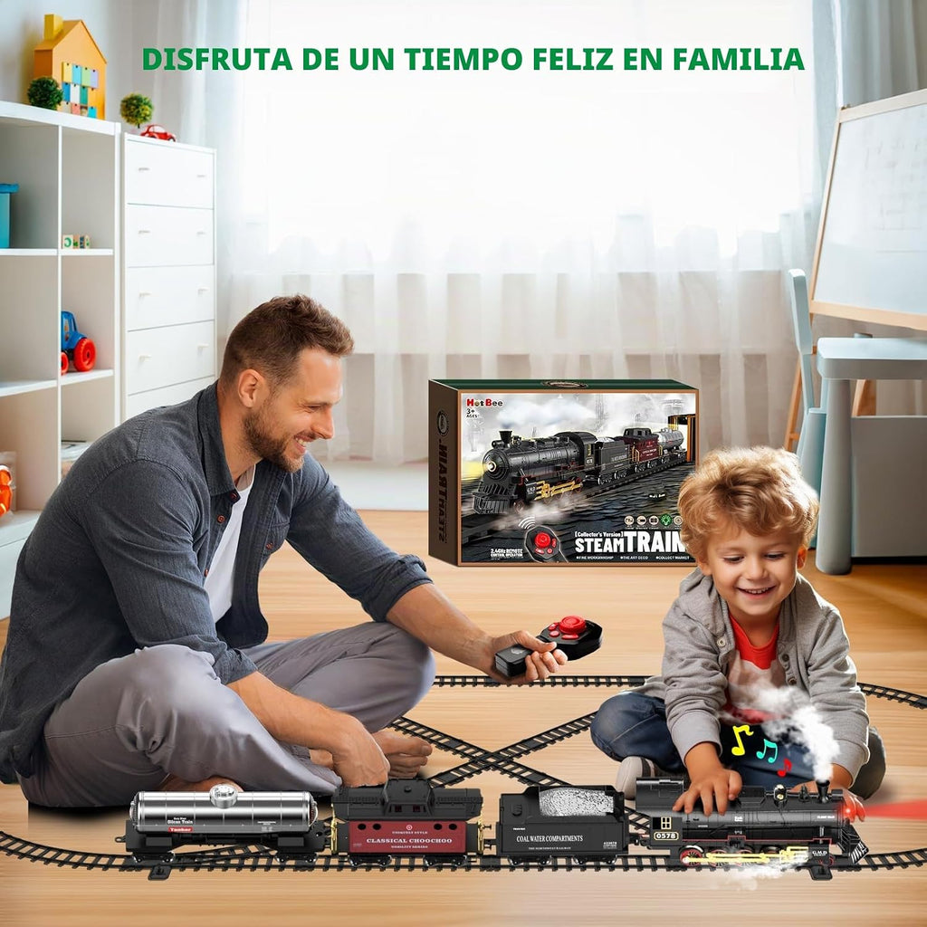 Hot Bee RC Train Set para Kids, Alloy Steam Locomotive con Cars y Tracks