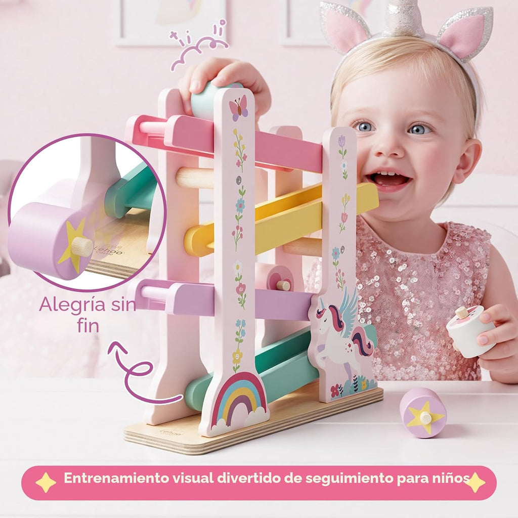Lehoo Castle Unicorn Wooden Car Ramp Toy para 1 Year Old Girls