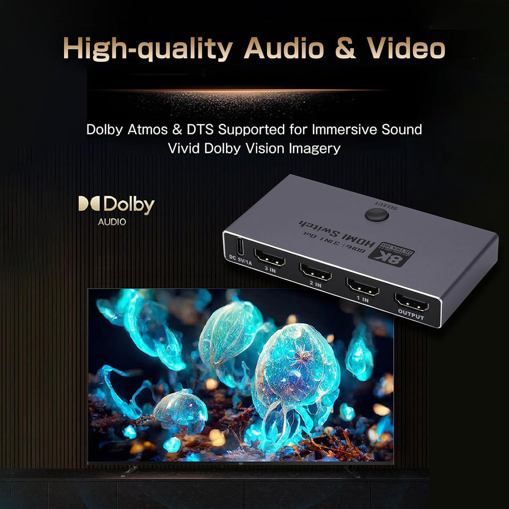 8K @60Hz HDMI 2.1 interruptor 3 en 1 salida con control remoto, 4K @240Hz, CEC