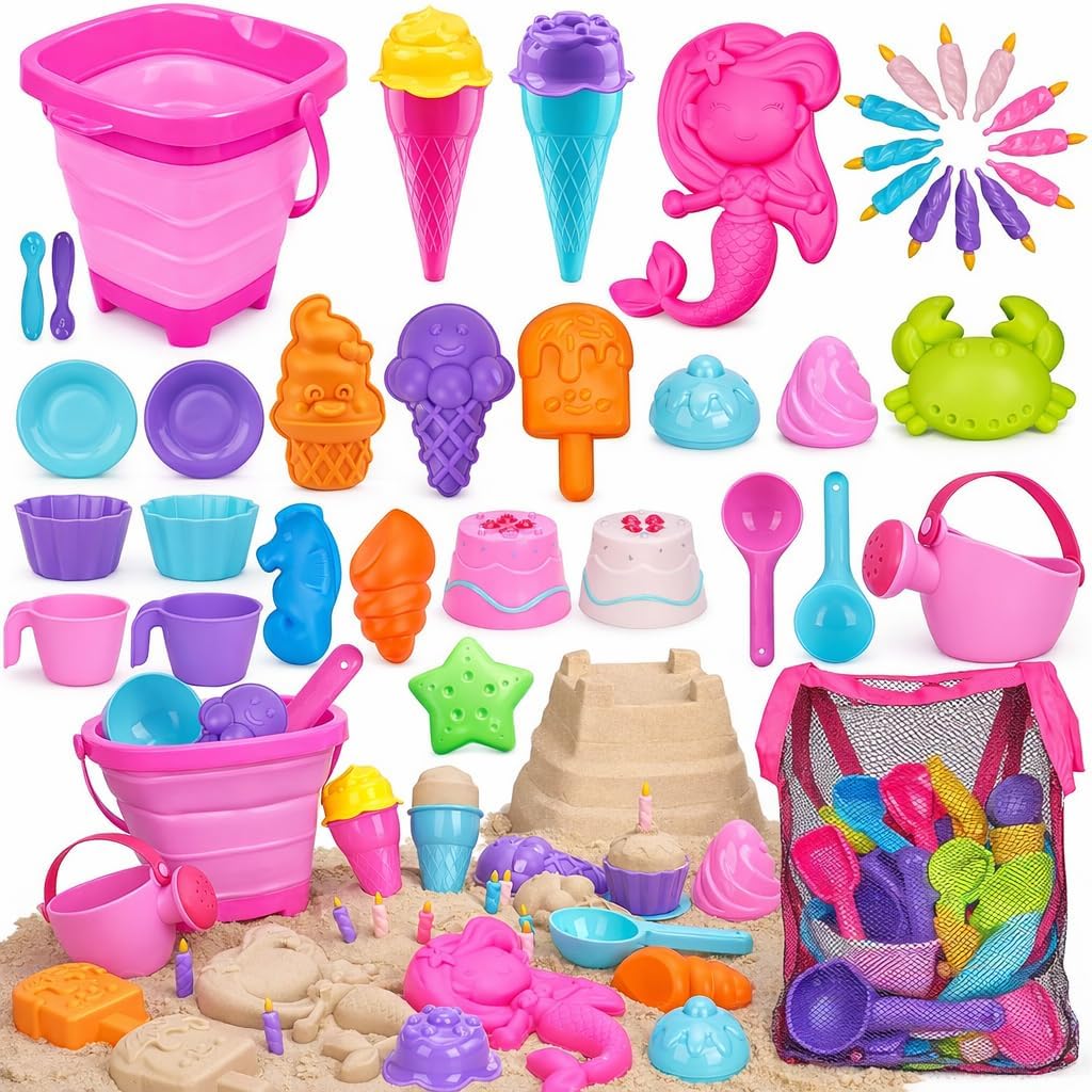 TOY Life 41 piezas de juguetes de playa para niños de 4 a 8 años, juguetes de arena plegables para niños pequeños con cubo de silicona, palas y kit de construcción de castillos de arena, juguete de