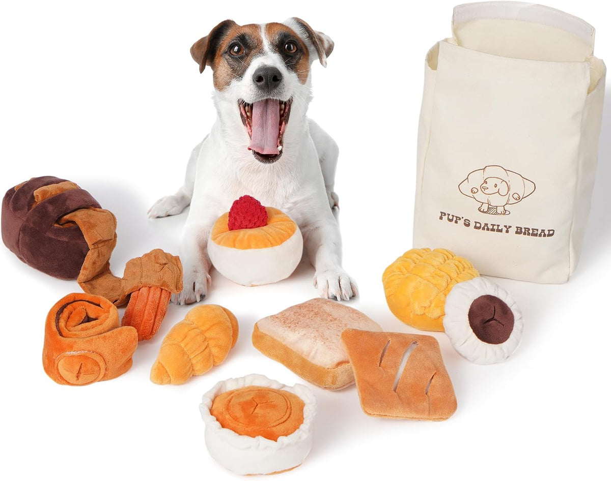 Nocciola Paquete de juguetes de peluche Squeaky Bread para perros – Juguetes para cachorros con bolsa de comestibles para mantenerlos ocupados, juguetes para perros pequeños para el aburrimiento