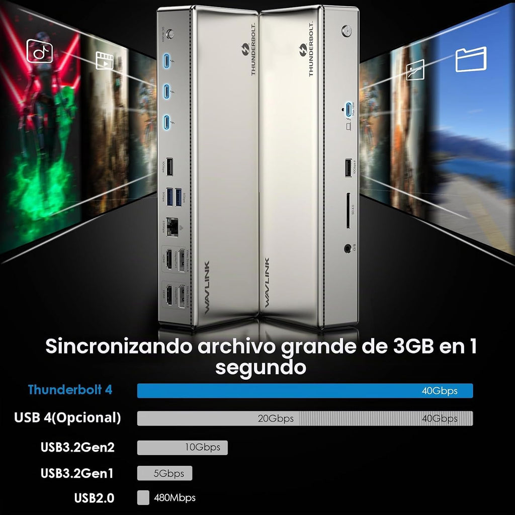 WAVLINK Base Thunderbolt 4 con carga de 100 W, estación de acoplamiento Displaylink Monitor Quad 4K @60Hz, 3 puertos Thunderbolt 4, Ethernet 2.5G, Base Thunderbolt para Mac M1-M4 y PC, controlador