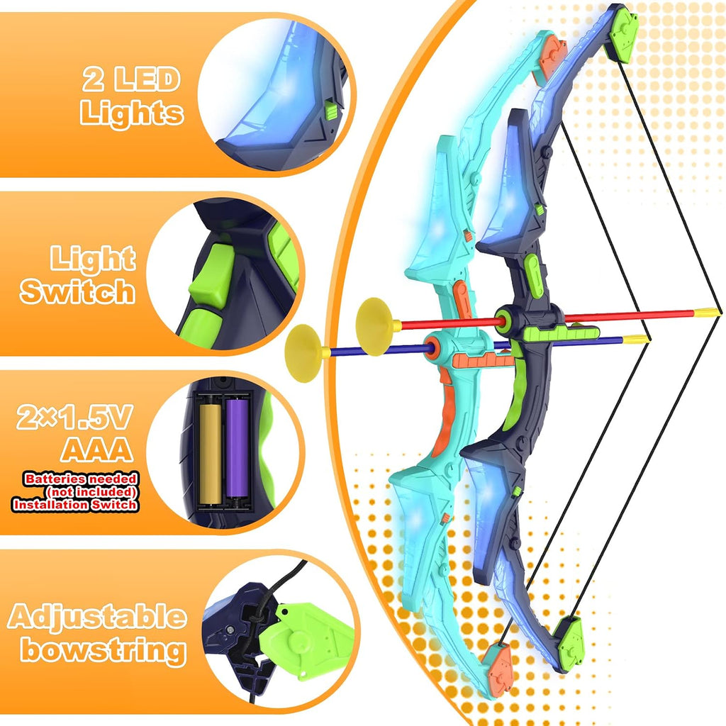 Kmuxilal Set de Arco y Flecha para Niños 2 Pack con Luces LED, 14 Flechas con Ventosa y Diana de Pie Fluorescente - Juego de Tiro con Arco Perfecto para Interior y Exterior, Juguete Regalo para Niños de 4 5 6 7 8-12 Años