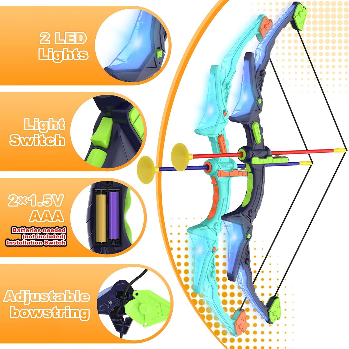 Kmuxilal Set de Arco y Flecha para Niños 2 Pack con Luces LED, 14 Flechas con Ventosa y Diana de Pie Fluorescente - Juego de Tiro con Arco Perfecto para Interior y Exterior, Juguete Regalo para Niños de 4 5 6 7 8-12 Años
