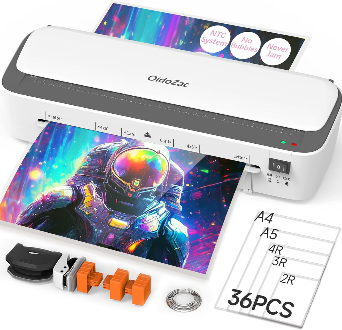Máquina laminadora OidoZac, tecnología anti-atascos de 11 en 1 con 36 hojas laminadoras, laminadora térmica de 9 pulgadas A4 en caliente y frío con cortador de papel para uso en casa, oficina y