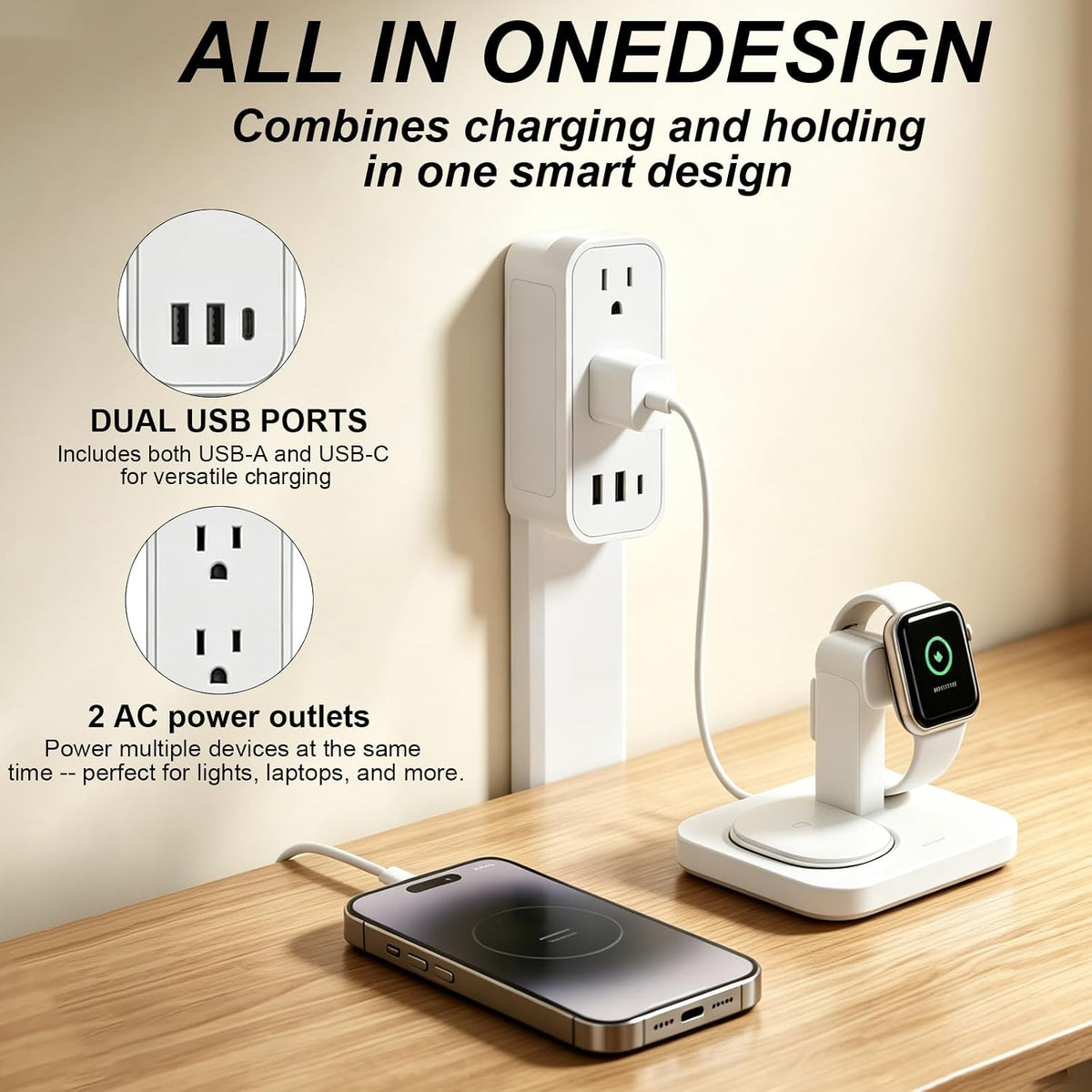 Extensor de tomacorriente: cuenta con USB-A, USB-C y 2 salidas de CA, se extiende de 17.5 a 29.1 pulgadas, gira 360° de acceso de difícil acceso, enchufes de pared, mesas de noche, sofás, escritorios