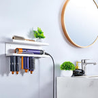 Soporte de secador de pelo para pared con diseño de 3 niveles y espacio para fijación con adhesivo o tornillos