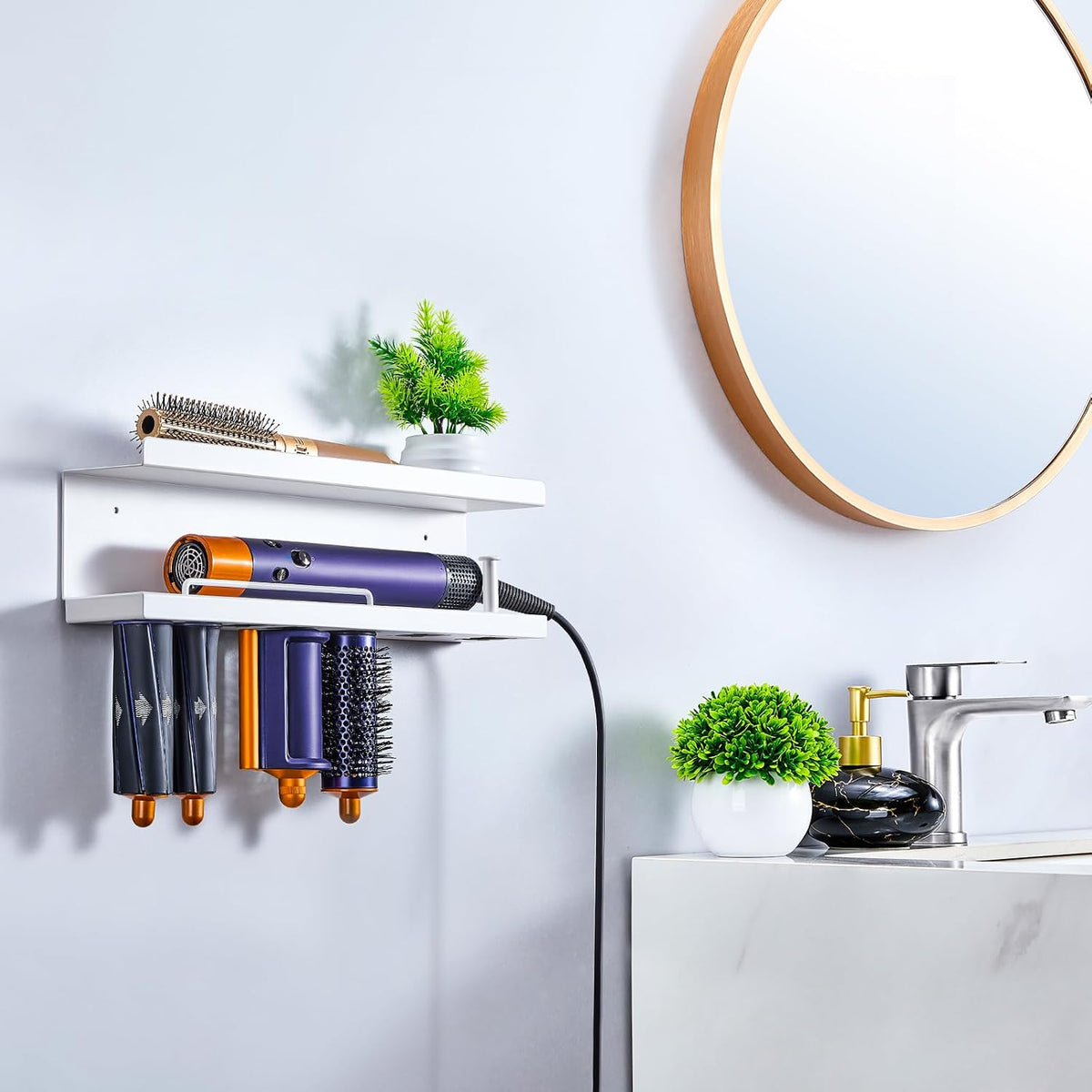 Soporte de secador de pelo para pared con diseño de 3 niveles y espacio para fijación con adhesivo o tornillos