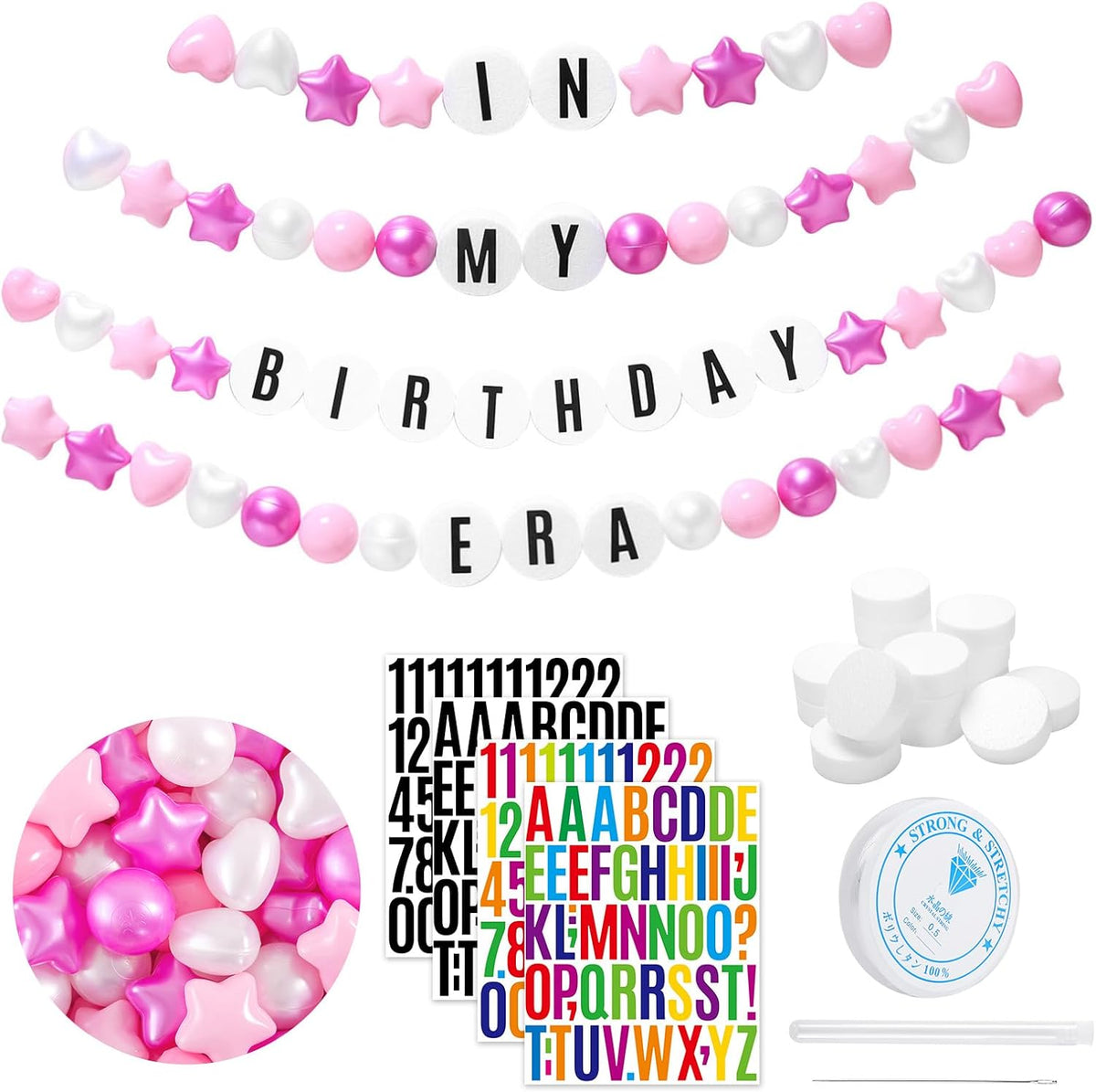 Pulsera gigante de la amistad DIY con 100 bolas en la era de mi cumpleaños, cartel de famoso cantante, banderín personalizable, guirnalda, círculos de espuma, bolas de plástico, estrellas,