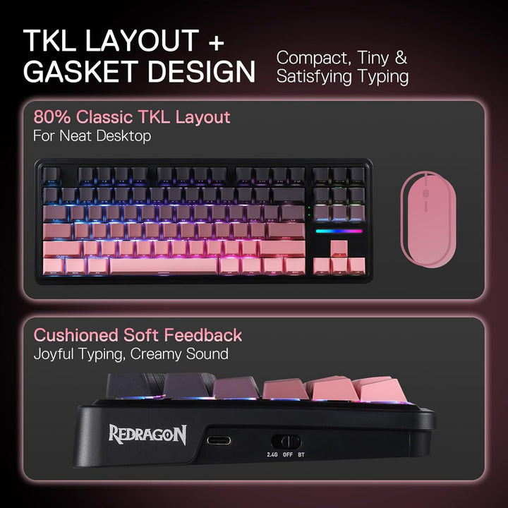 Redragon K728 PRO 80% Teclado Gaming Inalámbrico con Junta Tórica,...