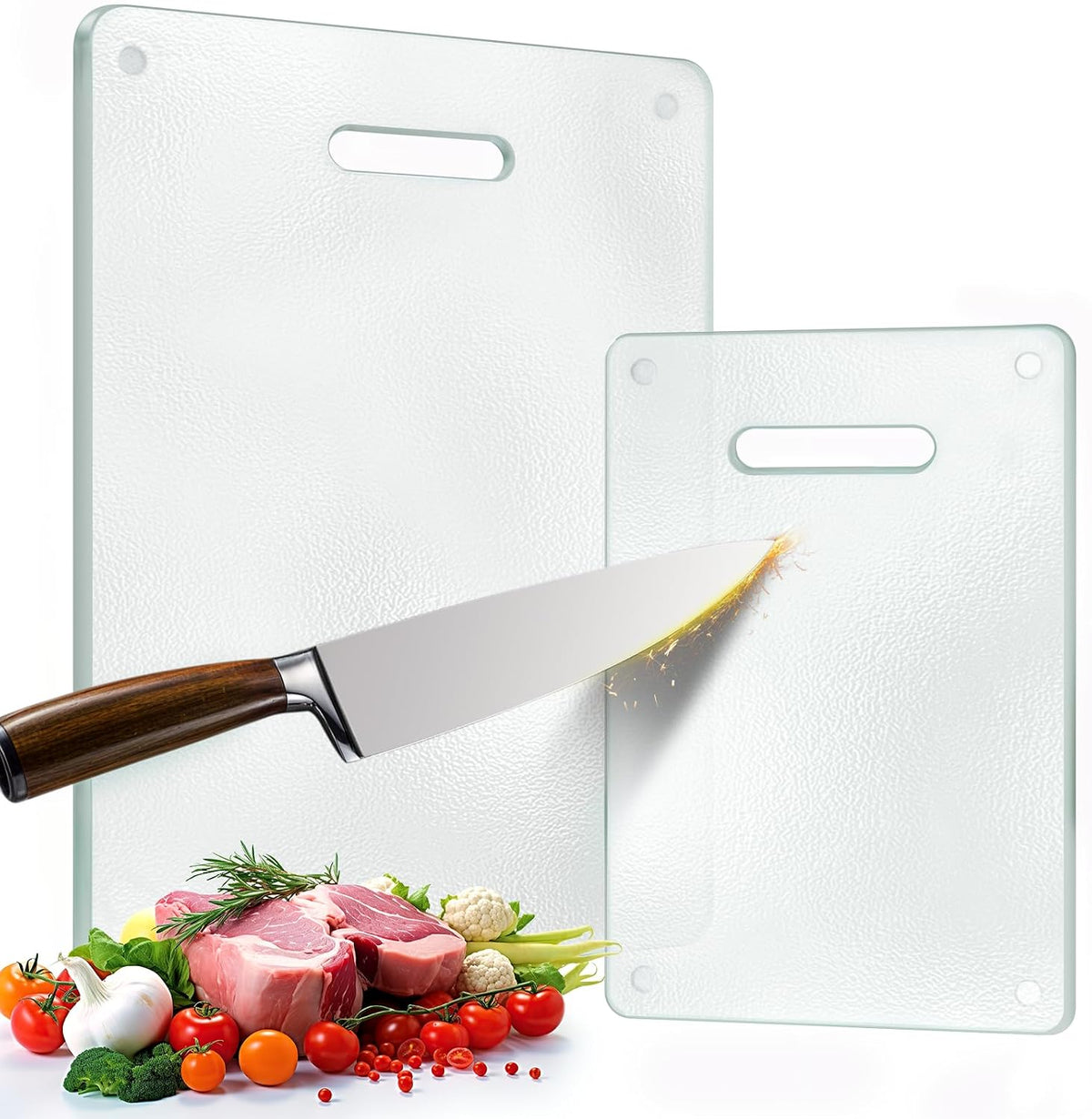 Tabla de cortar de vidrio templado para cocina, 2 tablas de cortar transparentes con mango (16 x 12 pulgadas y 12 x 8 pulgadas), sin plástico, resistente a los arañazos, resistente al calor, apta para lavavajillas, no tóxica, fácil de limpiar