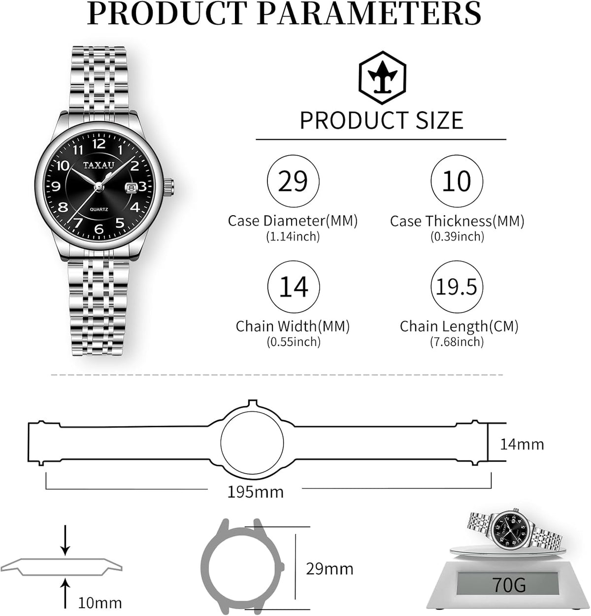 Reloj de Mujer Elegante Impermeable con Fecha Números Árabes Grandes Analógico Cuarzo Bicolor Acero Inoxidable Reloj de Muñeca Pequeña