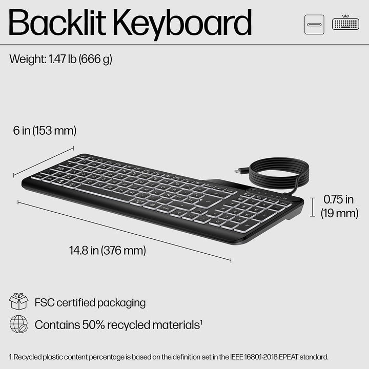 Teclado retroiluminado con cable HP 400 (cable gris) - Teclas ilumi...