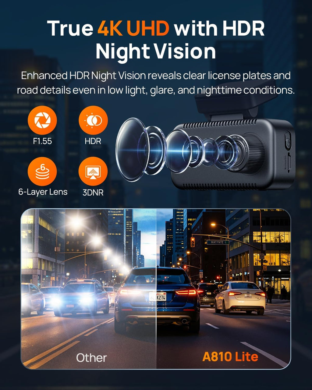 70mai Cámara de tablero A810 Lite 4K frontal y trasera, 5GHz Wi-Fi 6 DashCam, cámara de automóvil acceso remoto 4G LTE, seguimiento GPS, visión nocturna HDR, modo de estacionamiento 24H, control de
